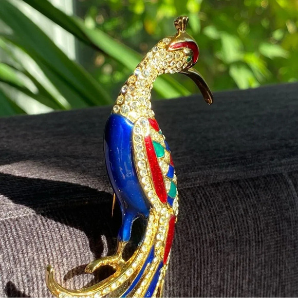 Colorful Bird Brooch In Blue, Red, Green Enamel and Sparkly Rhinestones in Gold - Picture 15 of 16